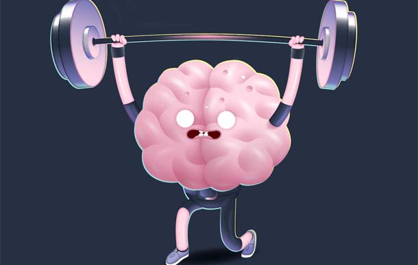 Schmuckbild Trainingscenter, Grafik trainierendes Gehirn stemmt Gewichte (verweist auf: IT-Trainings)