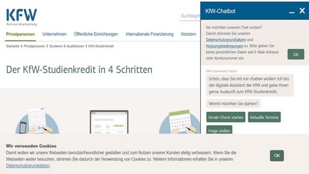 Screenshot kfw Chatbot (verweist auf: Webseite und Chatbot der KfW)