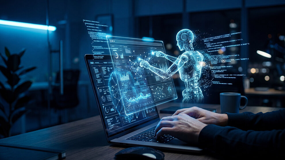 Eine Person tippt auf einer Tastatur, während ein holografischer KI-Agent neben dem Bildschirm Daten analysiert – Cybersicherheit und digitale Innovation in einem modernen Technologie-Arbeitsumfeld.