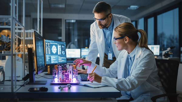 Wissenschaftlerteam arbeitet in einem Hightech-Labor an einem Quantencomputer