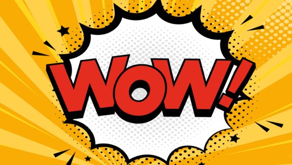 Gelbes Banner mit rotem "Wow"-Schriftzug