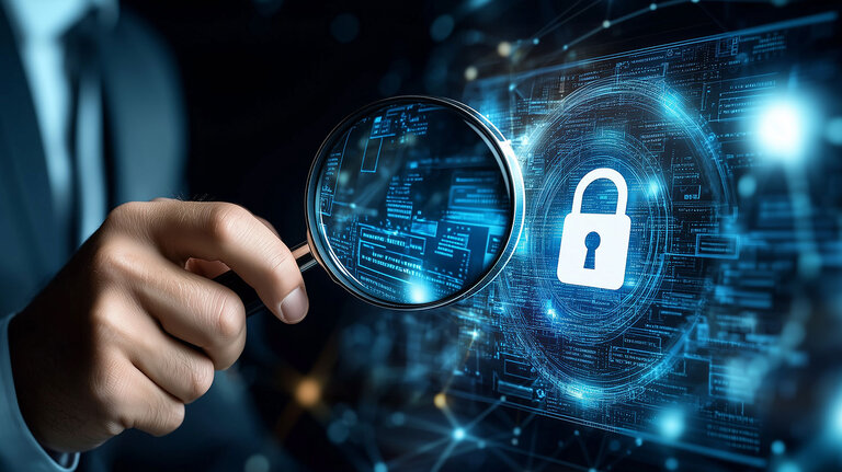 Lupe vor digitalem Interface mit Schloss-Symbol als Darstellung einer IT-Sicherheitsanalyse