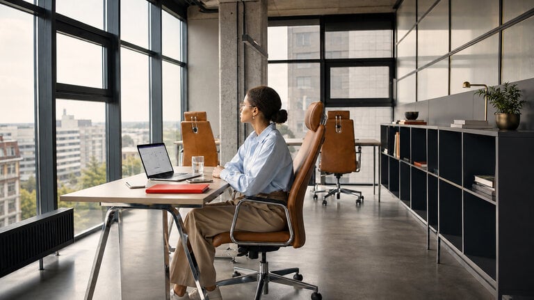 Moderne Büroräume mit einer jungen Frau in Business-Kleidung, die an einem Laptop arbeitet, umgeben von großen Fenstern, Tageslicht und modernen Möbeln