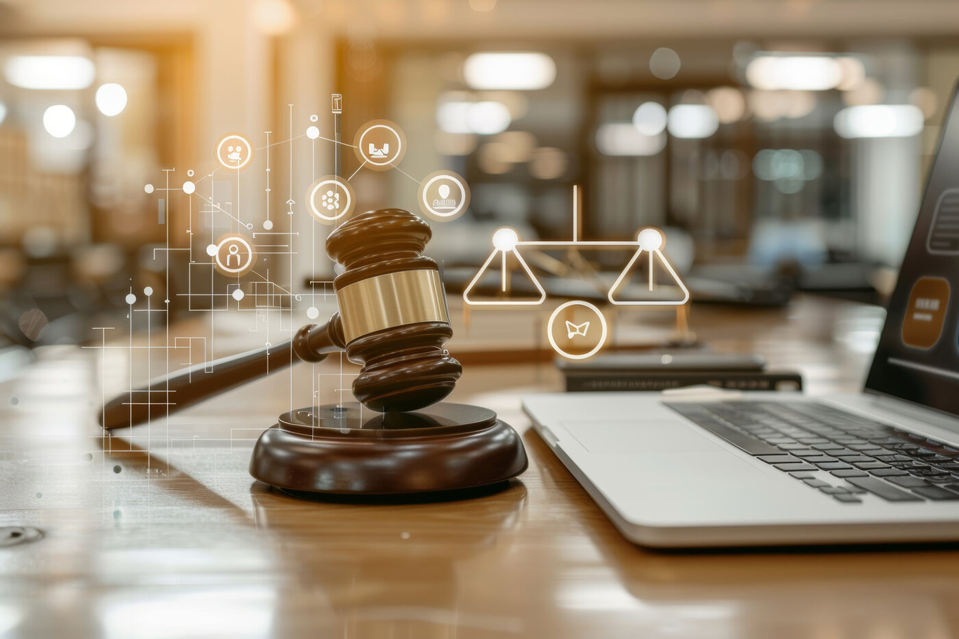 Ein symbolisches Bild mit einem Richterhammer, einem Laptop und Icons auf einem Tisch – Sinnbild für den Einsatz von Künstlicher Intelligenz in der Rechtsbranche.