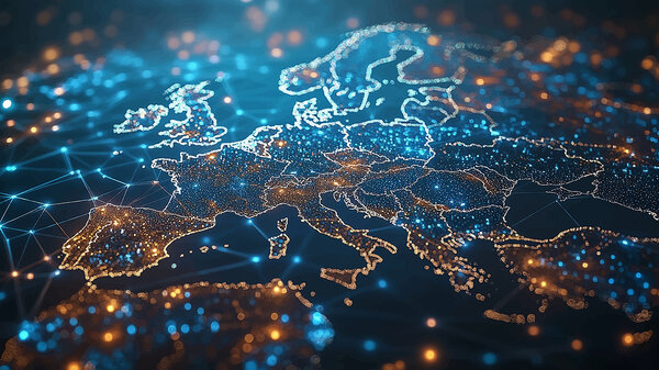 Eine dynamische digitale Weltkarte, die den europäischen Kontinent in den Vordergrund rückt, für ein KI-gestütztes globales Netzwerk, Datenübertragung, Cybertechnologie, Informationsaustausch und Telekommunikation. 