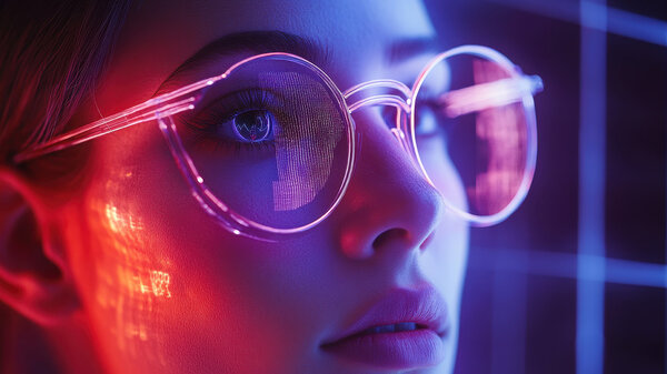 Visionärer Blick - Eine Nahaufnahme einer Frau mit modischer Brille, beleuchtet von kühlem Blau und rotem Licht. Das Bild vermittelt ein Gefühl von futuristischer Nachdenklichkeit und Technologie.