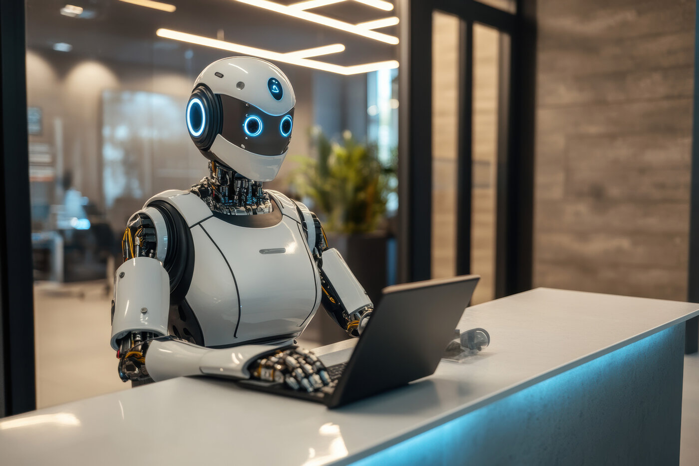 Ein Bild eines humanoiden Roboters, der an einem Schreibtisch sitzt und an einem Laptop in einer modernen Büroumgebung arbeitet. 