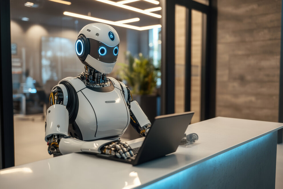 Ein Bild eines humanoiden Roboters, der an einem Schreibtisch sitzt und an einem Laptop in einer modernen Büroumgebung arbeitet. 