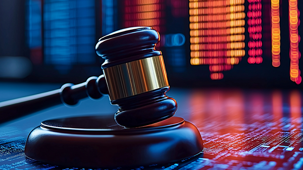 Richterhammer auf digitalem Datenhintergrund – Sinnbild für Justiz und Technologie. Farbige Datenvisualisierung verstärkt den modernen Rechtsbezug und sorgt für eindrucksvolle Bildwirkung