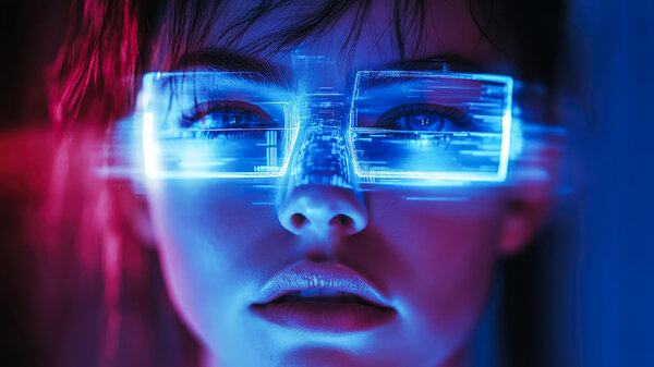 Nahaufnahme eines Gesichts mit leuchtend blauer Digitalbrille – eine künstlerische Verschmelzung futuristischer Technologie mit menschlichen Elementen.