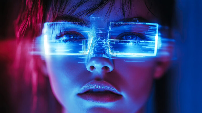 Nahaufnahme eines Gesichts mit leuchtend blauer Digitalbrille – eine künstlerische Verschmelzung futuristischer Technologie mit menschlichen Elementen.