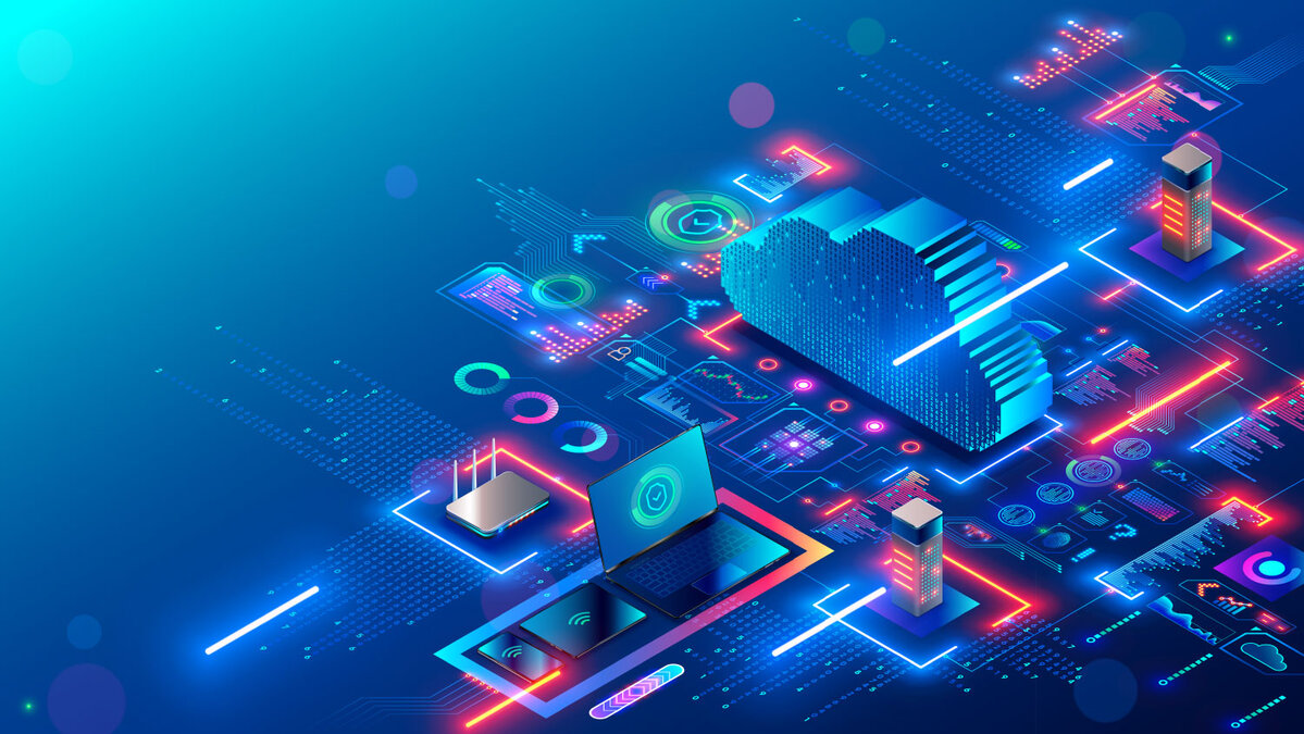 Cloud-Technologie. Cloud-Computing. Geräte, die über das Internet mit digitalem Speicher in einem Rechenzentrum verbunden sind. IoT. Smart Home. Kommunikation zwischen Laptop, Tablet, Smartphone und Haushaltsgeräten mit einer Online-Datenbank.