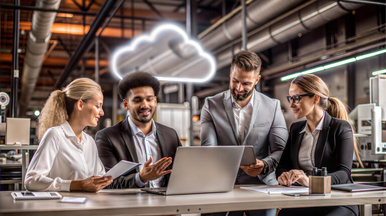 Cloud-Zusammenarbeit: Ein Team aus verschiedenen Fachleuten arbeitet mit Laptop und Tablet in einer modernen und stilvollen Büroumgebung an einem Projekt zusammen. Die leuchtende Wolke über ihnen symbolisiert ihre digitale