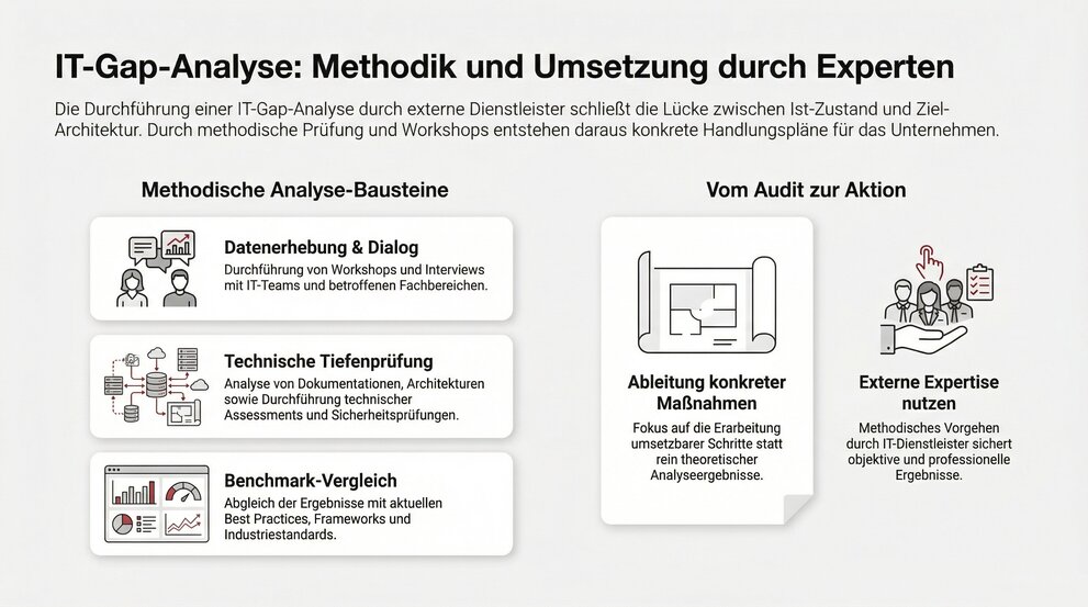 Infografik mit Darstellung der Bausteine einer IT-Gap-Analyse: Datenerhebung, technische Prüfung, Benchmark-Vergleich sowie Ableitung von Maßnahmen