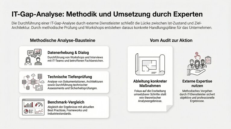 Infografik mit Darstellung der Bausteine einer IT-Gap-Analyse: Datenerhebung, technische Prüfung, Benchmark-Vergleich sowie Ableitung von Maßnahmen