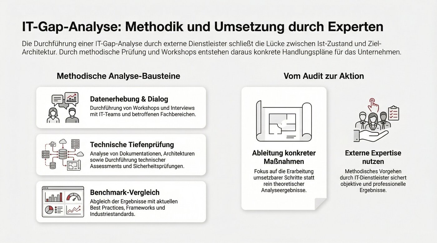 Infografik mit Darstellung der Bausteine einer IT-Gap-Analyse: Datenerhebung, technische Prüfung, Benchmark-Vergleich sowie Ableitung von Maßnahmen