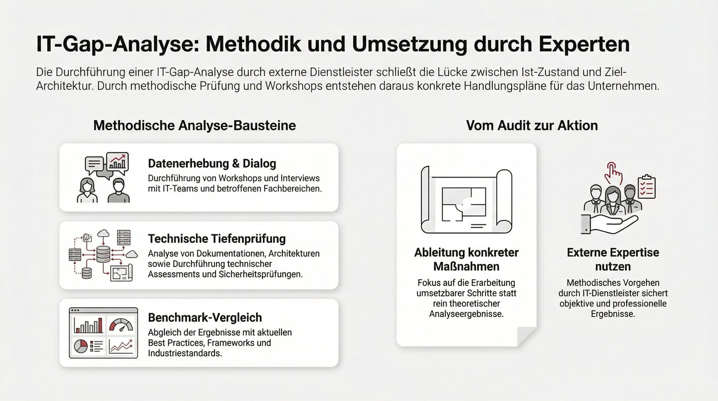 Infografik mit Darstellung der Bausteine einer IT-Gap-Analyse: Datenerhebung, technische Prüfung, Benchmark-Vergleich sowie Ableitung von Maßnahmen