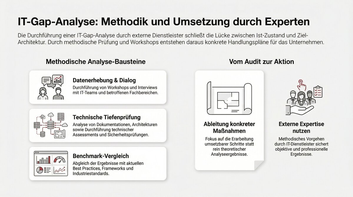 Infografik mit Darstellung der Bausteine einer IT-Gap-Analyse: Datenerhebung, technische Prüfung, Benchmark-Vergleich sowie Ableitung von Maßnahmen