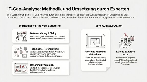 Infografik mit Darstellung der Bausteine einer IT-Gap-Analyse: Datenerhebung, technische Prüfung, Benchmark-Vergleich sowie Ableitung von Maßnahmen