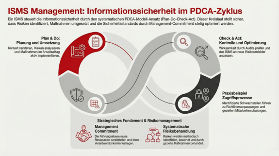 Infografik zum ISMS-Managementprozess: Darstellung des PDCA-Zyklus mit den Phasen Planung und Umsetzung, Wirksamkeitsprüfung durch Audits und kontinuierliche Verbesserung sowie Management-Commitment und systematischer Risikobehandlung.