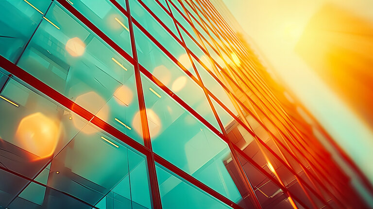 Moderne Glasfassade eines Hochhauses, Symbol für vernetzte Unternehmensarchitektur und digitales Enterprise Architecture Management.