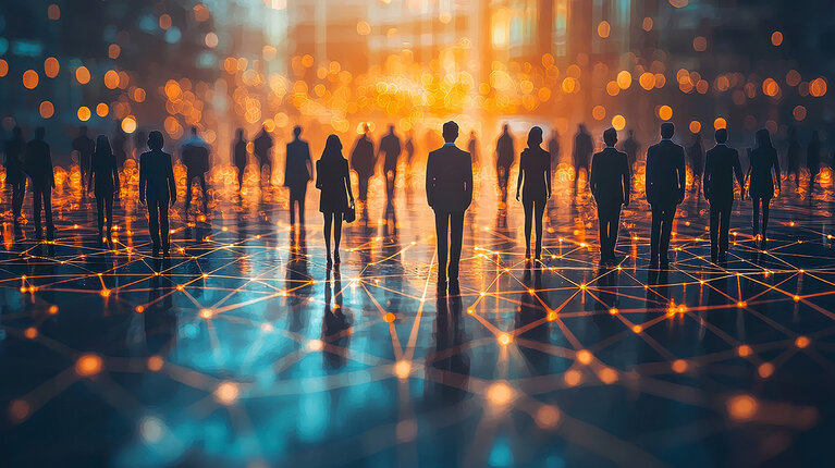 Dynamisches Zusammentreffen von Fachkräften in einer urbanen Stadtkulisse – digitales Networking in einem lebendigen Umfeld mit futurischer Perspektive für verbesserte Konnektivität.