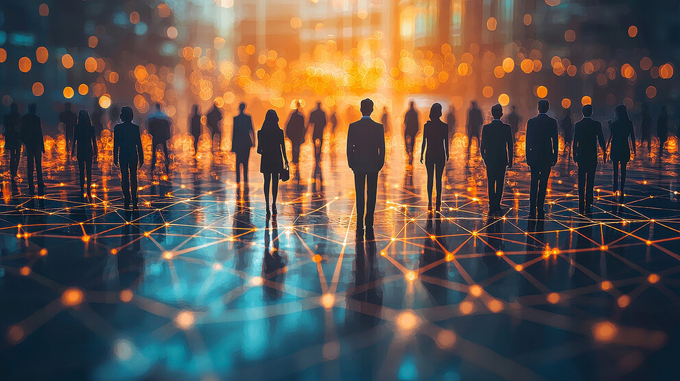 Dynamisches Zusammentreffen von Fachkräften in einer urbanen Stadtkulisse – digitales Networking in einem lebendigen Umfeld mit futurischer Perspektive für verbesserte Konnektivität.