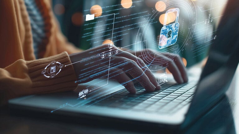 Person tippt auf einer Laptop-Tastatur mit digitalen Symbolen für Datenschutz und Cyber Security im Vordergrund.