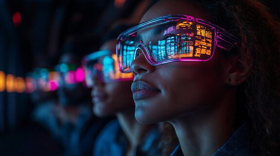 Zukunftsvision: Eine vielfältige Gruppe von Menschen blickt in die Zukunft – ihre Gesichter spiegeln sich in futuristischen Brillen und zeigen ein Bild von Innovation und Fortschritt.“