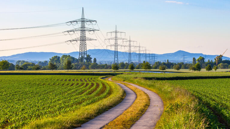 Strommasten an einem grünen Feld