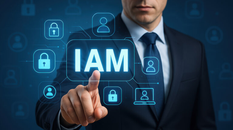 Symbolbild für Identity and Access Management mit digital dargestellten Benutzer- und Schloss-Icons zur Zugriffskontrolle