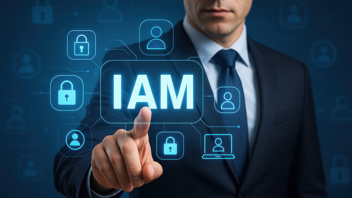 Symbolbild für Identity and Access Management mit digital dargestellten Benutzer- und Schloss-Icons zur Zugriffskontrolle