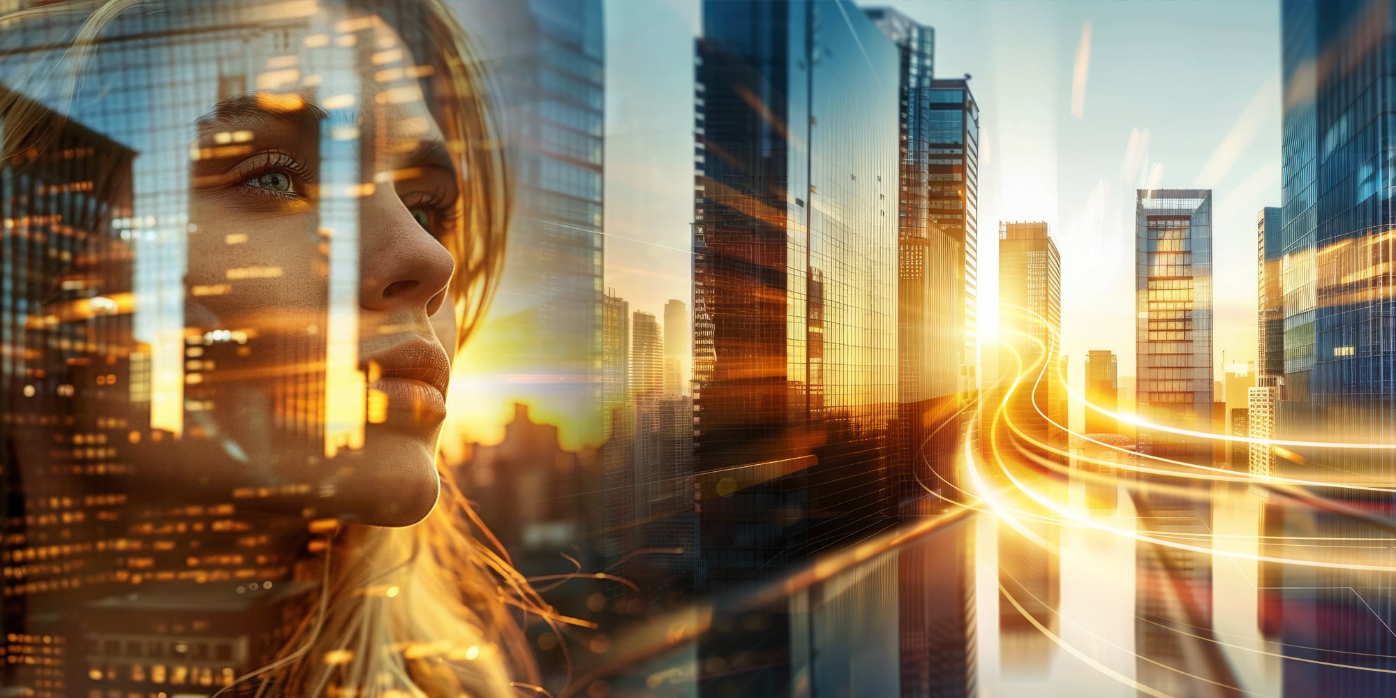 Porträt einer Frau, kombiniert mit einer futuristischen Skyline und Lichtspuren, die Innovation und Urbanität symbolisieren