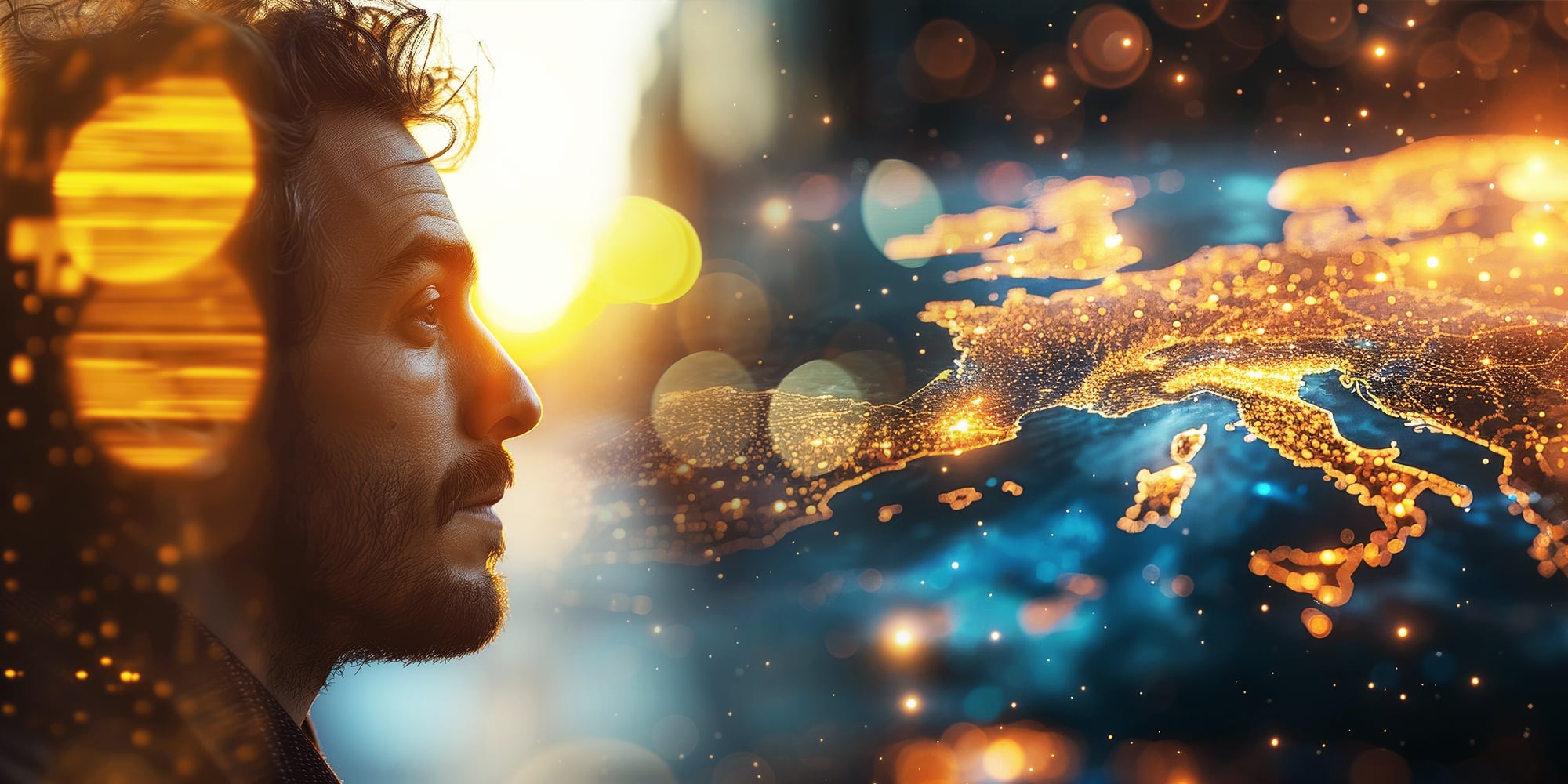 Profil eines Mannes mit Blick auf eine digitale Karte Europas, kombiniert mit leuchtenden Datenpunkten und futuristischen Lichteffekten, die Vernetzung und Technologie symbolisieren.