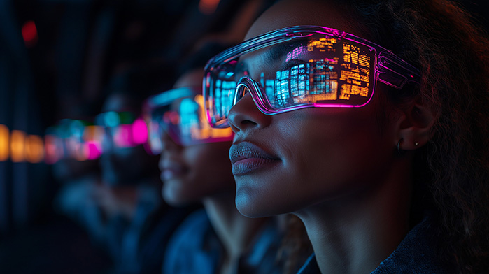 Zukunftsvision: Eine vielfältige Gruppe von Menschen blickt in die Zukunft – ihre Gesichter spiegeln sich in futuristischen Brillen und zeigen ein Bild von Innovation und Fortschritt.“
