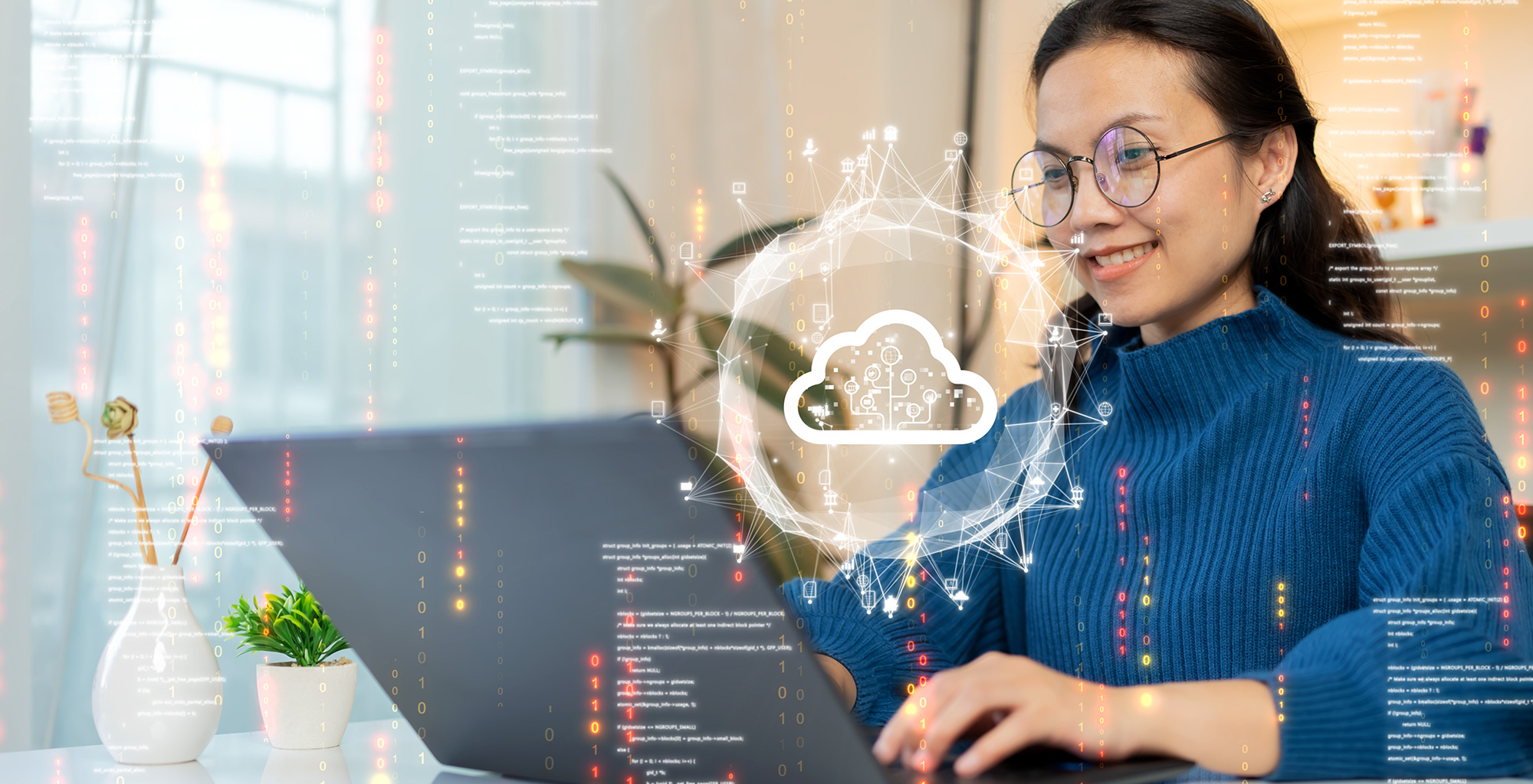 Eine Frau lädt Daten von einem Computer in die Cloud hoch und überträgt sie dorthin. Konzept der digitalen Technologie: Datenblattverwaltung mit großer Datenbankkapazität und hoher Sicherheit.
