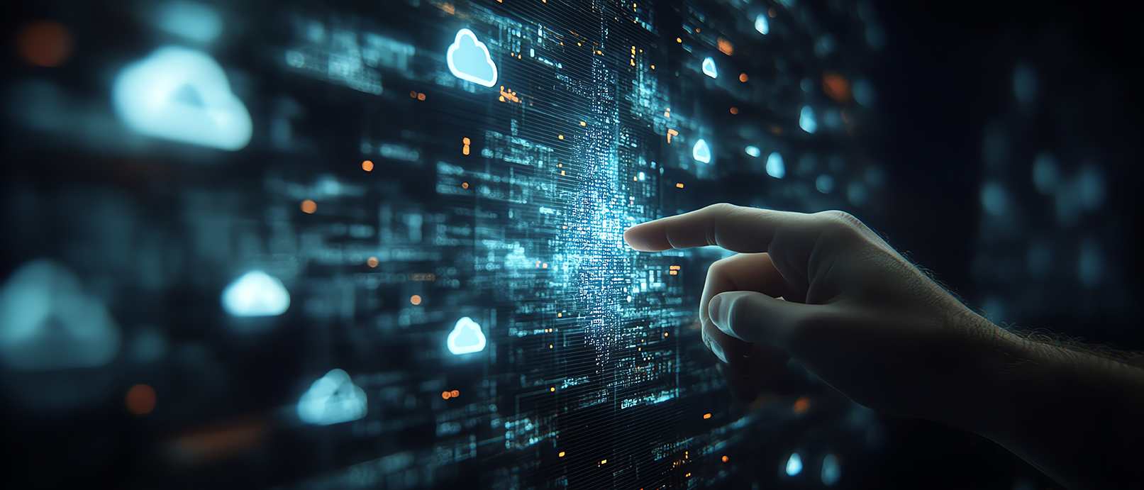Ein Männerfinger tippt auf einen digitalen Bildschirm, der Cloud-Symbole zeigt, umgeben von Symbolen für Internettechnologie – eine Darstellung moderner Cloud-Computing-Lösungen.